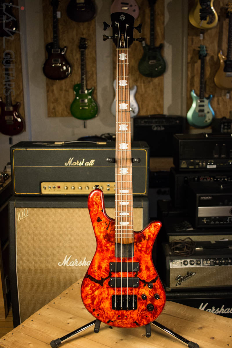 2018 Spector NS-4H2 Inferno Red Buckeye Burl 4 String Bass Guitar