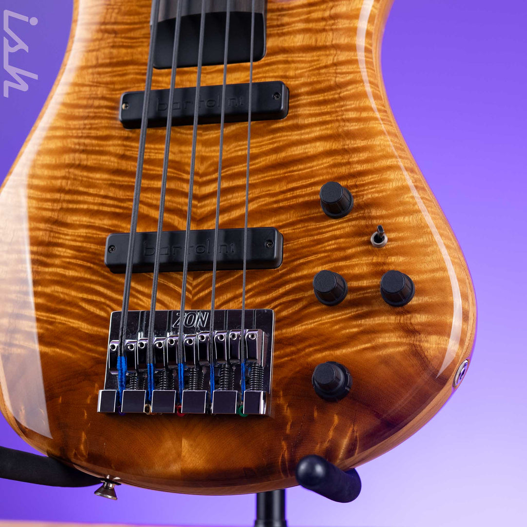 2000 Zon Sonus Custom Fretless 5-String Bass Flame Myrtlewood