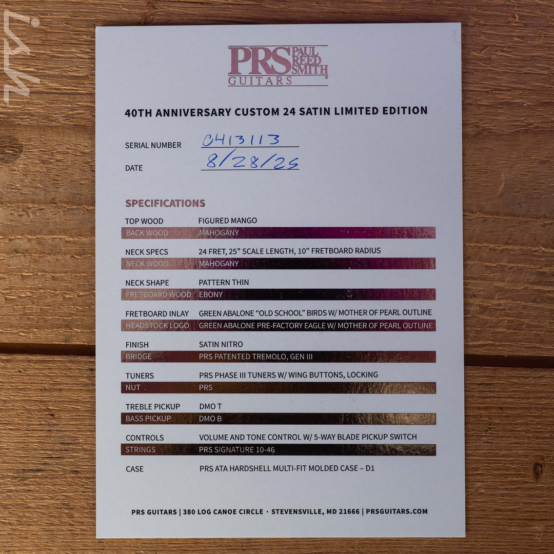 2025 PRS Custom 24 40th Anniversary Satin LTD Pearl Back