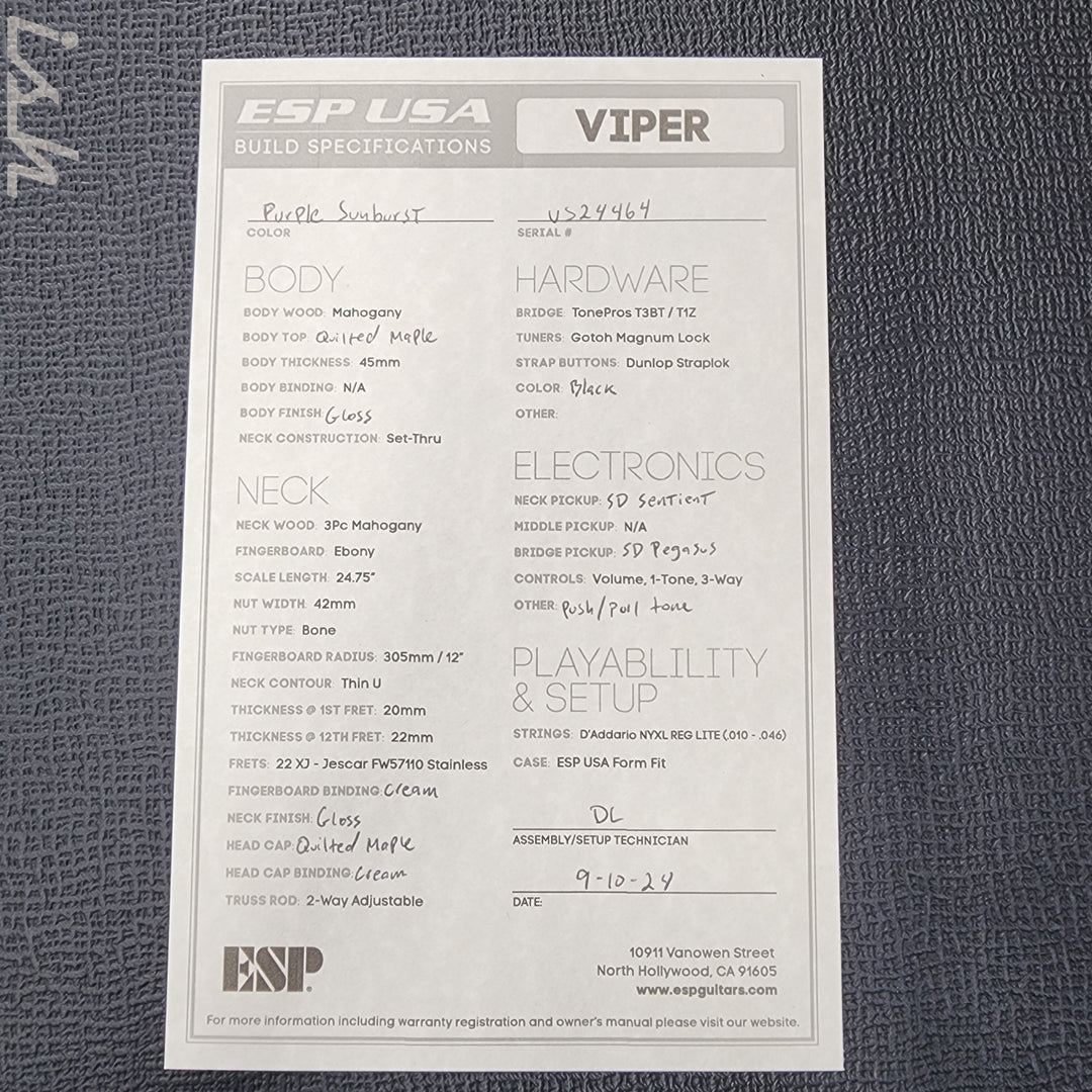 ESP USA Viper Quilted Maple Purple Sunburst