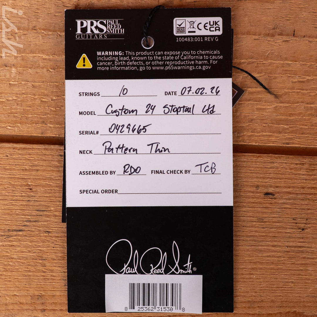PRS Wood Library Custom 24 Stoptail Limited Edition 10-Top Charcoal Tri-Color Sunburst