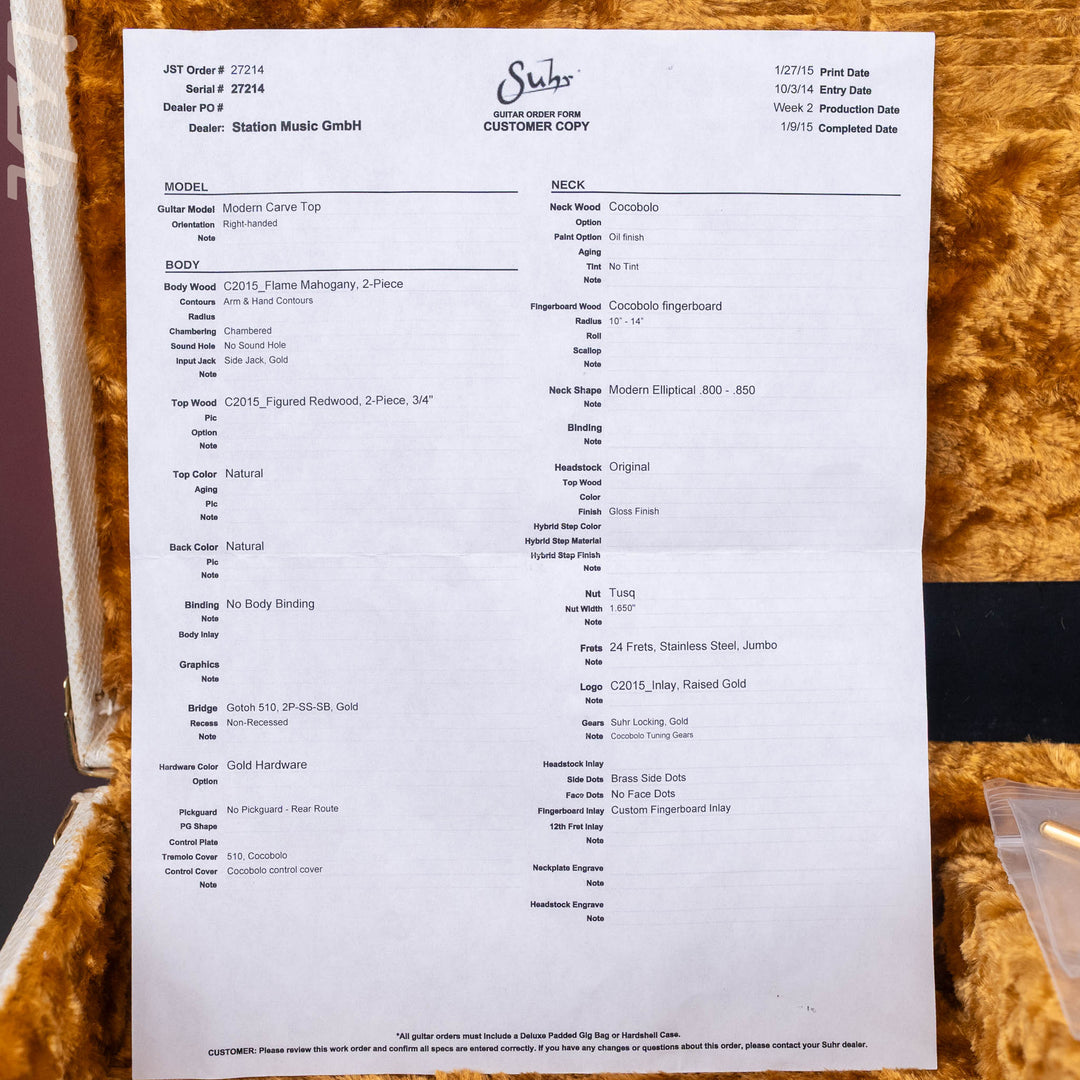2015 Suhr Modern Carve Natural Top Figured Redwood Collection 