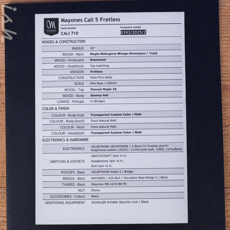 Mayones Cali 5 Fretless Mini Bass Flamed Maple
