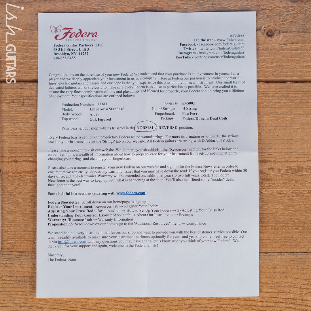 Fodera Emperor 4 Standard Natural Oak