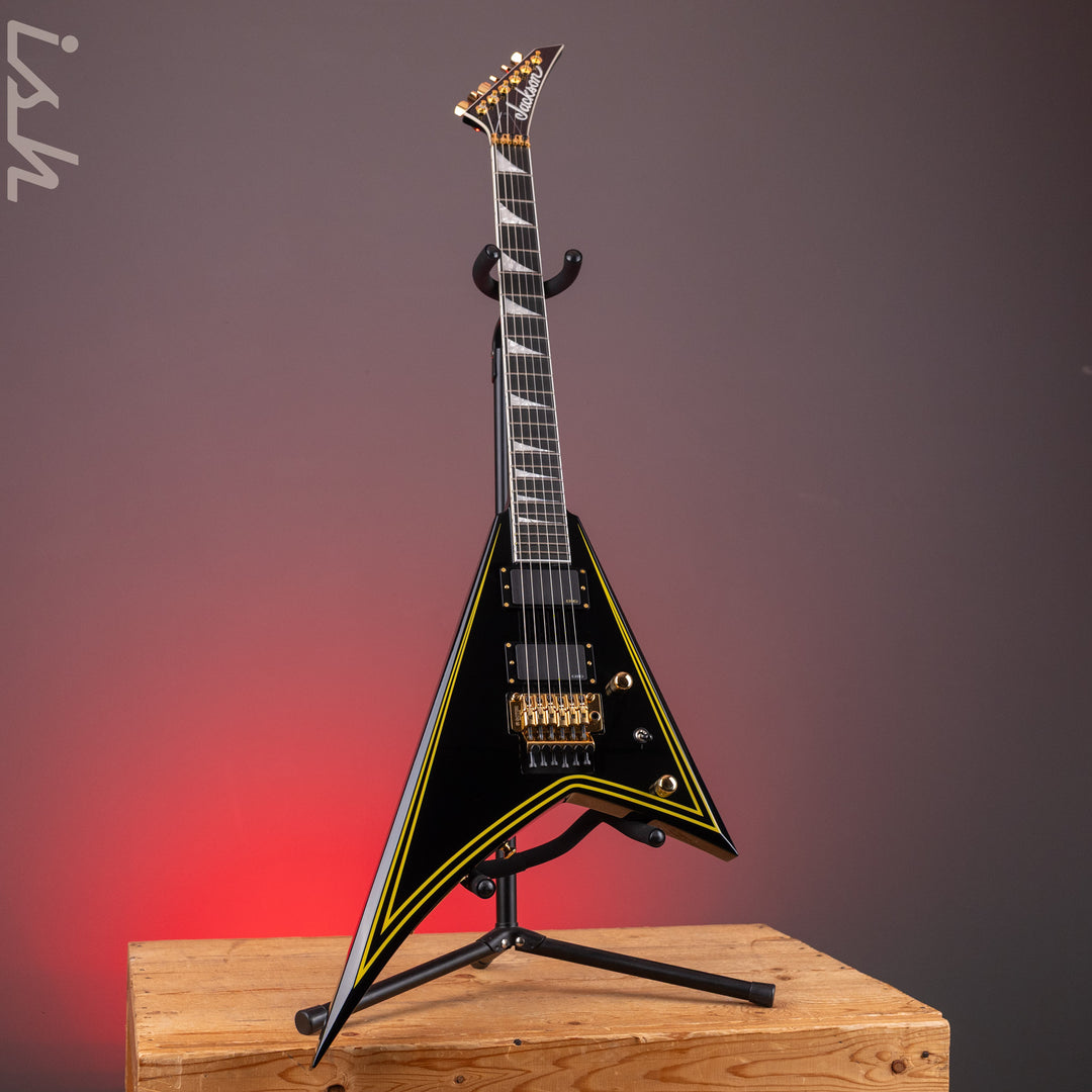 2024 Jackson MJ Series Rhoads RR24MG Electric Guitar Black with Yellow Pinstripes Demo