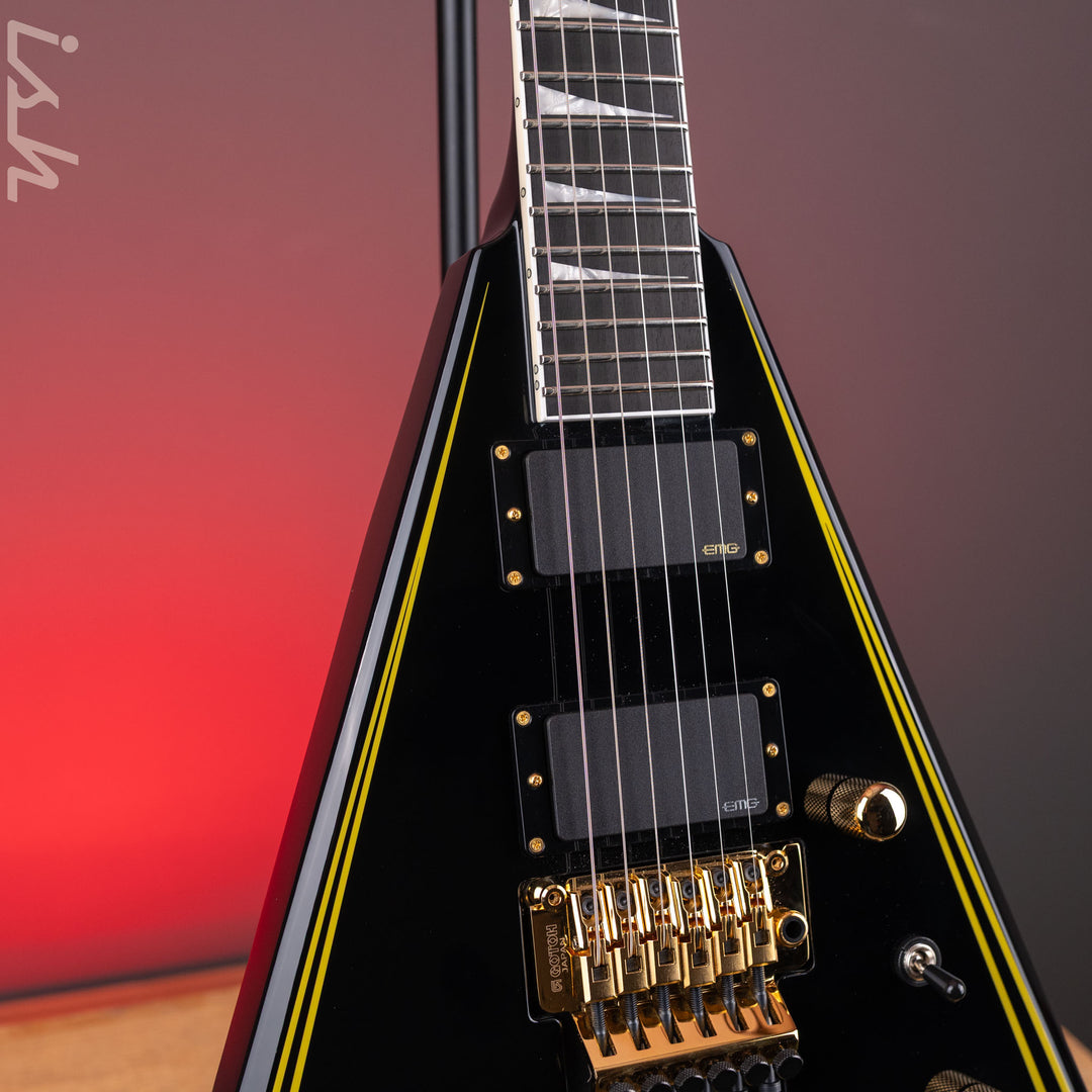 2024 Jackson MJ Series Rhoads RR24MG Electric Guitar Black with Yellow Pinstripes Demo