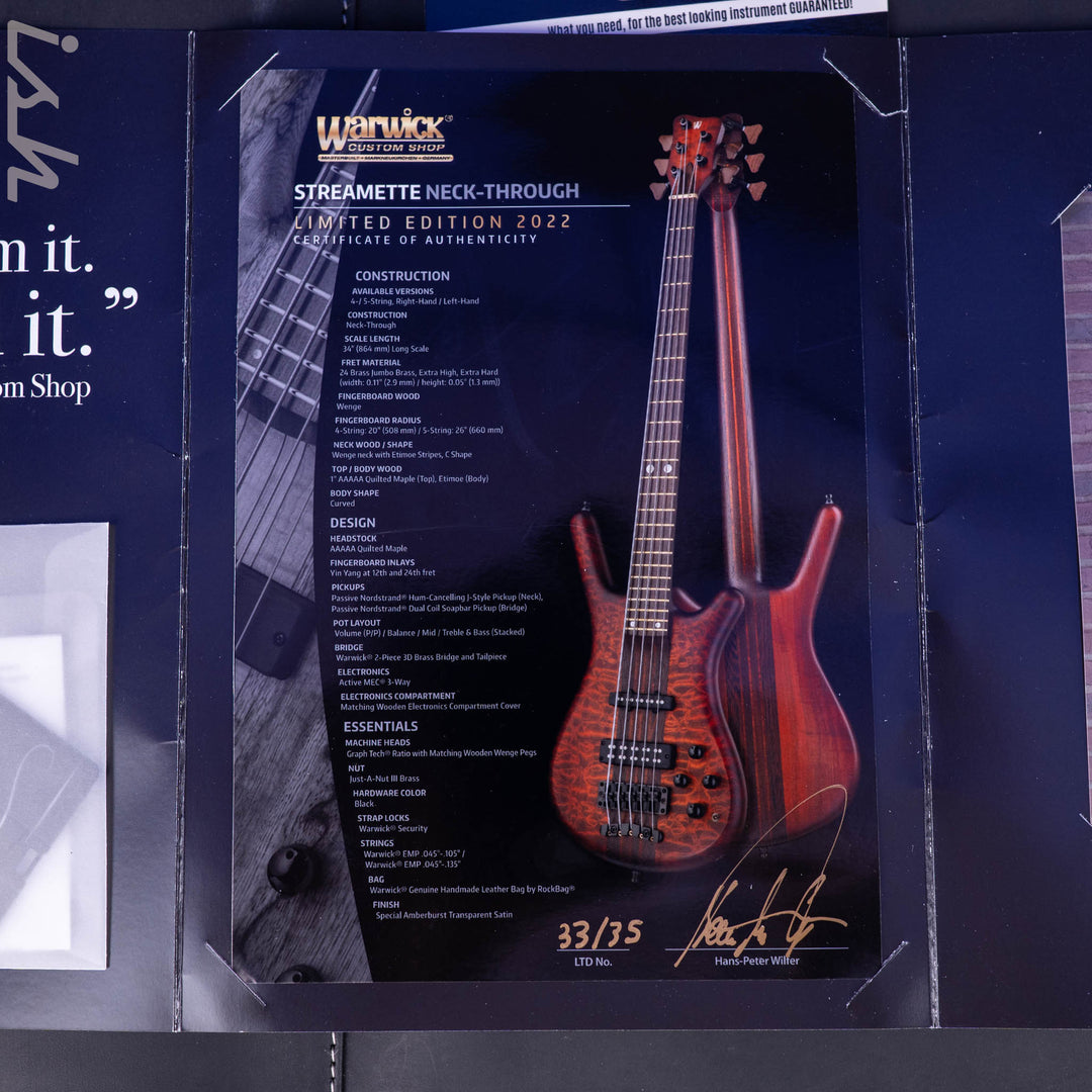 2022 Warwick Streamette 5 Masterbuilt 33/35 Special Amberburst Transparent Satin Finish