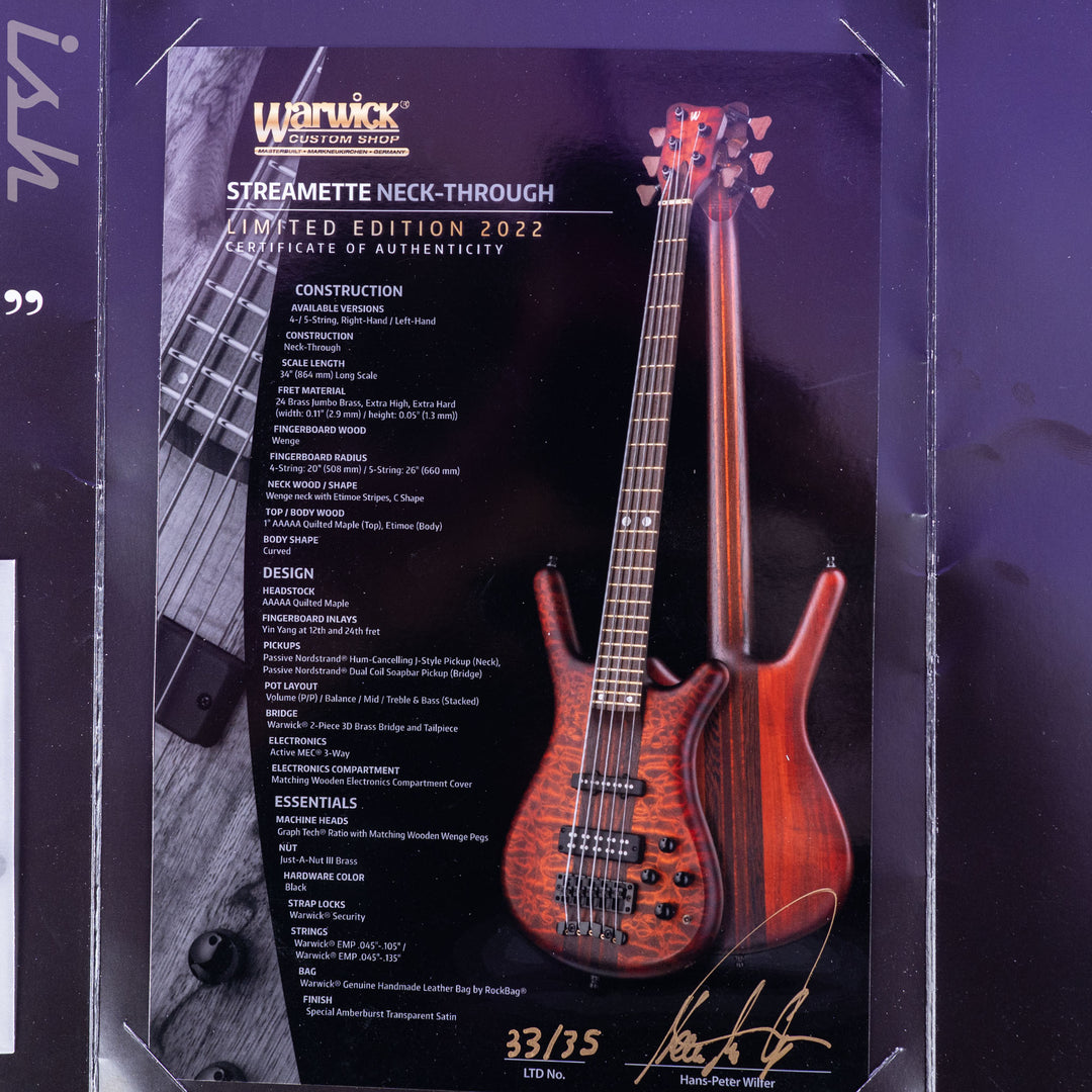 2022 Warwick Streamette 5 Masterbuilt 33/35 Special Amberburst Transparent Satin Finish