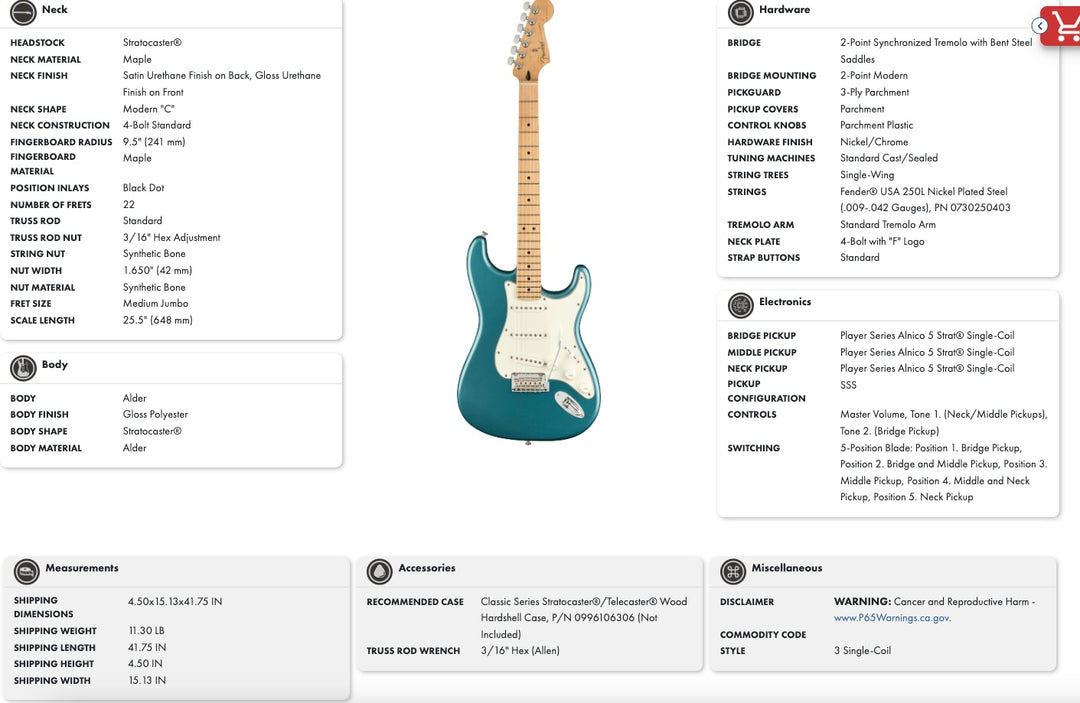 2021 Fender Player Stratocaster Tidepool