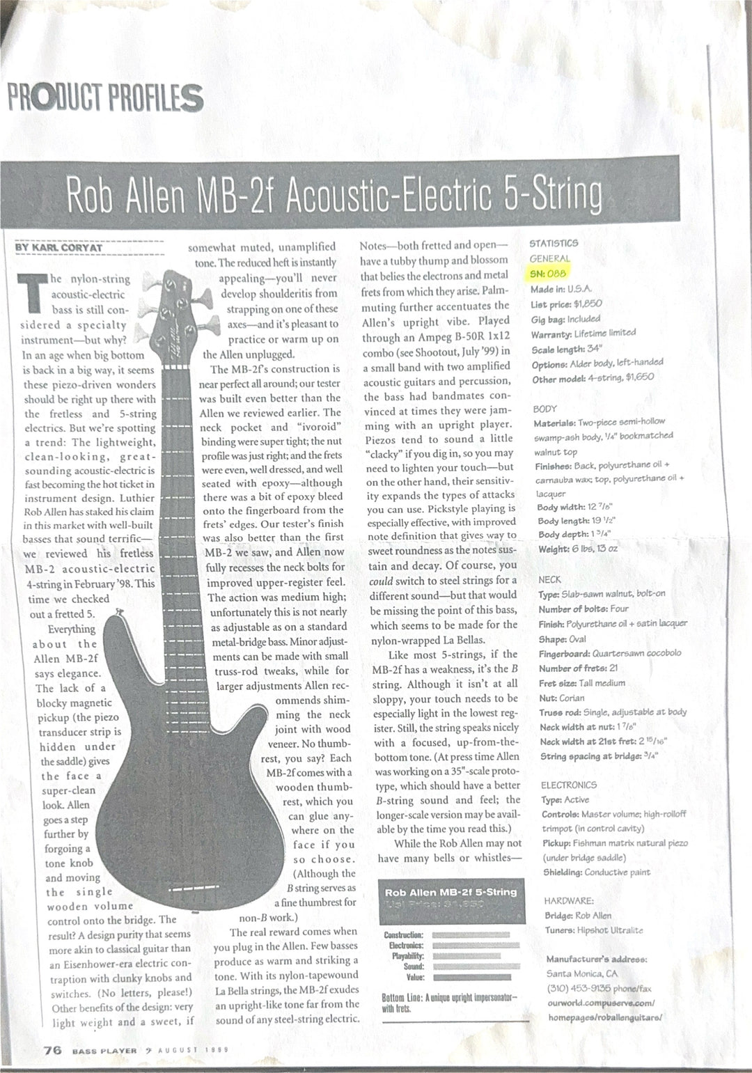 1999 Rob Allen MB-2F 5-String Bass