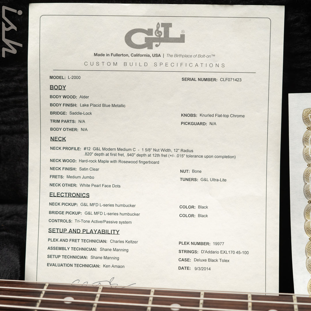 2014 G&amp;L L-2000 Lake Placid Blue Metallic