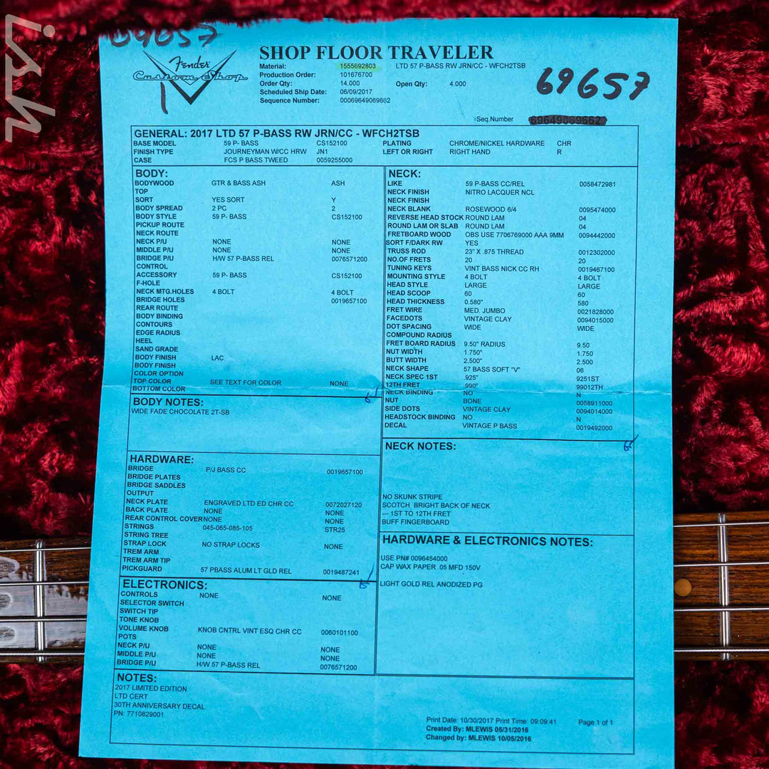 2017 Fender Custom Shop Relic 1957 P Bass Journeyman 2-Tone Sunburst RW Neck