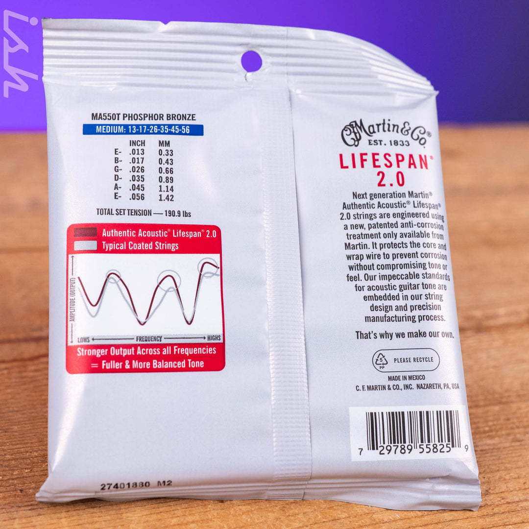 Martin MA550T 13-56 Medium Authentic Acoustic Lifespan 2.0 Treated 92/8 Phosphor Bronze Guitar Strings