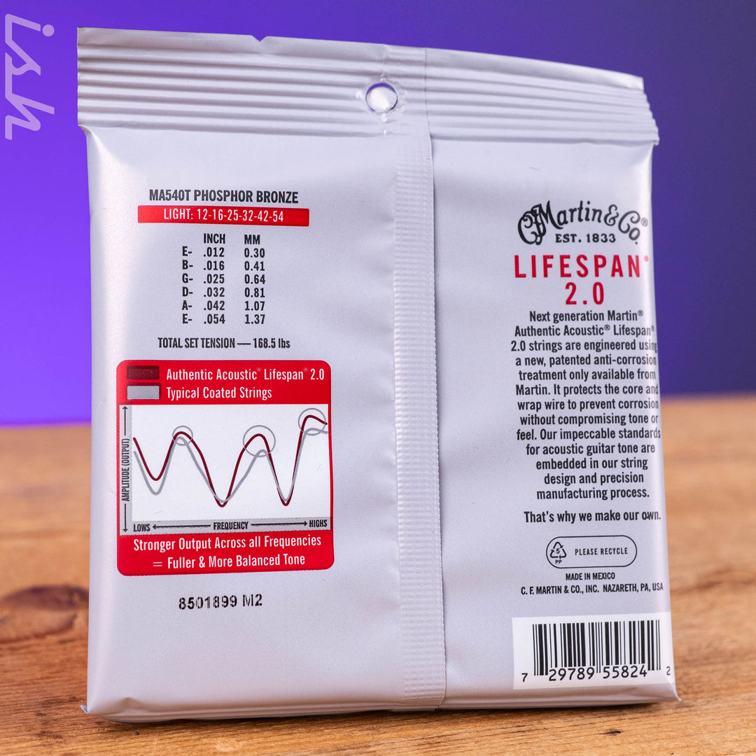 Martin MA540T 12-54 Light Authentic Acoustic Lifespan 2.0 Treated 92/8 Phosphor Bronze Guitar Strings