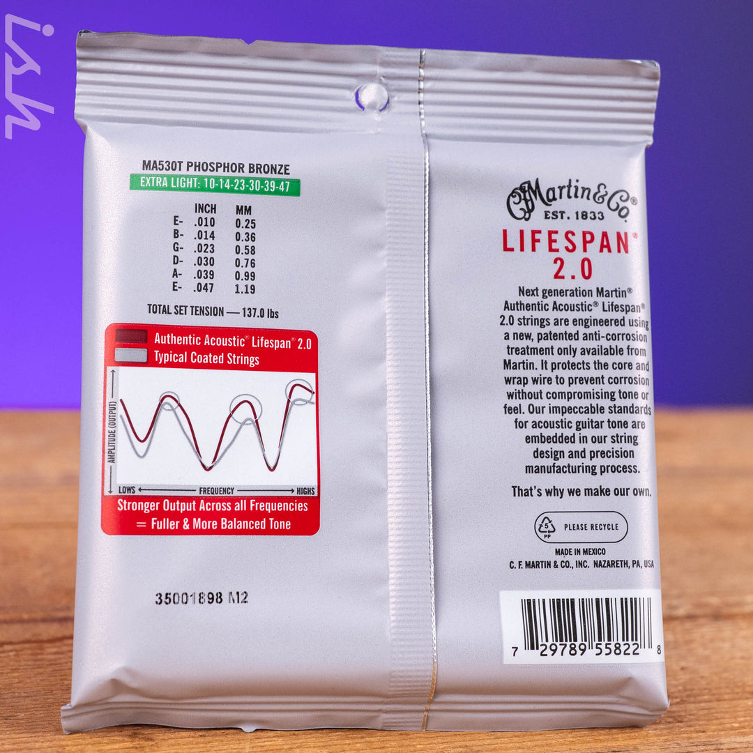 Martin MA530T 10-47 Extra Light Authentic Acoustic Lifespan 2.0 Treated 92/8 Phosphor Bronze Guitar Strings