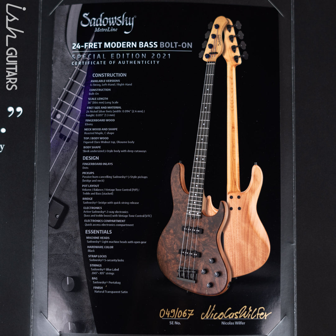 Sadowsky Metroline Special Edition 24 Fret 4-String Modern Bass Claro Walnut
