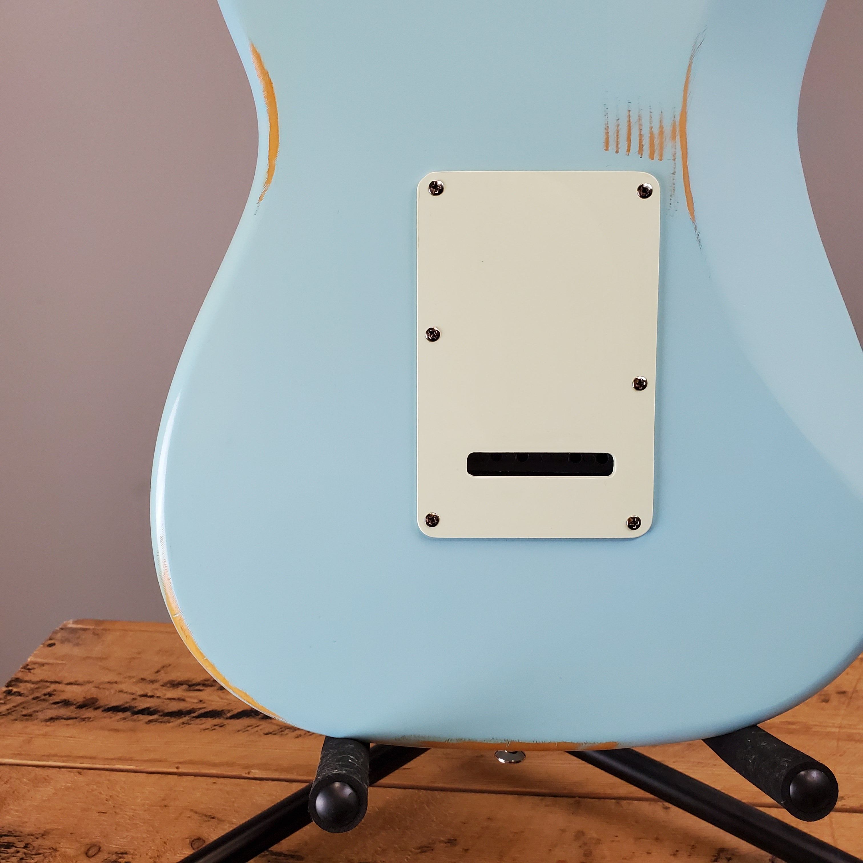 Vintage Icon Series V6 Strat Style Reliced Sonic Blue – Ish Guitars