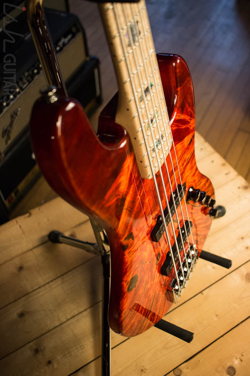 2018 Spector Coda DLX 5 Inferno Red Buckeye Burl Jazz Bass