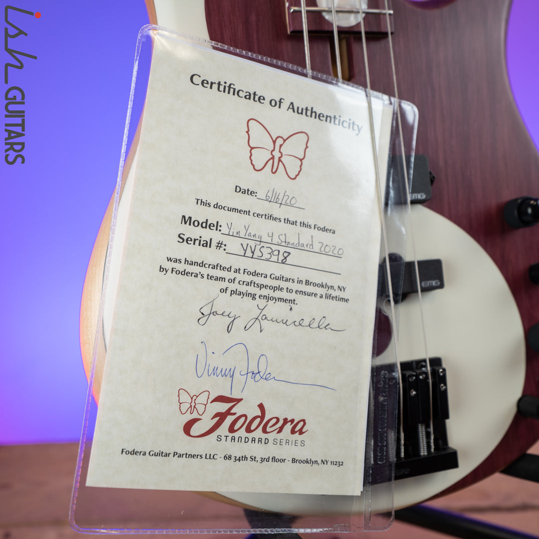 2020 Fodera Yin Yang Standard Purple Heart Olympic White 4 String
