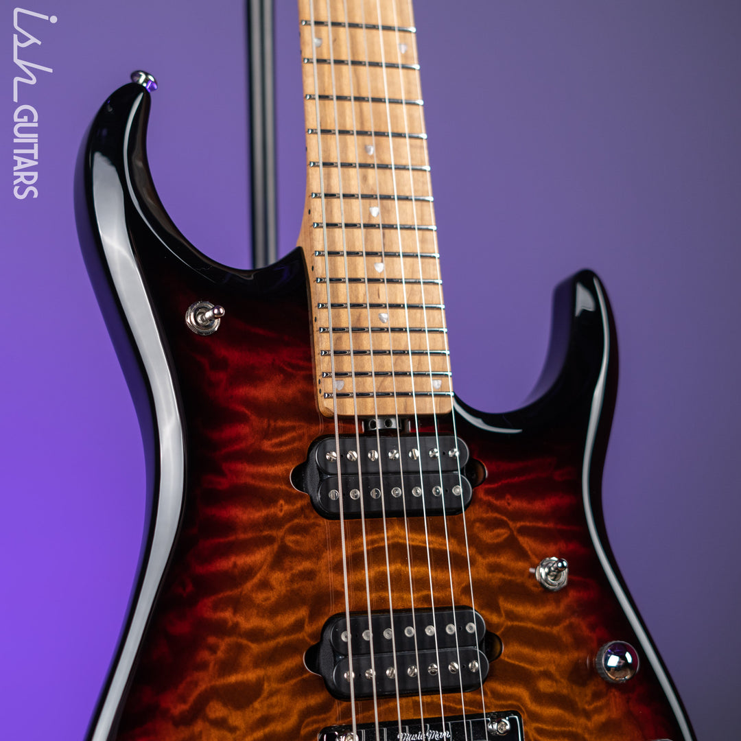 Ernie Ball Music Man JP15 7-String Electric Guitar Piezo Tiger Eye Quilt Demo