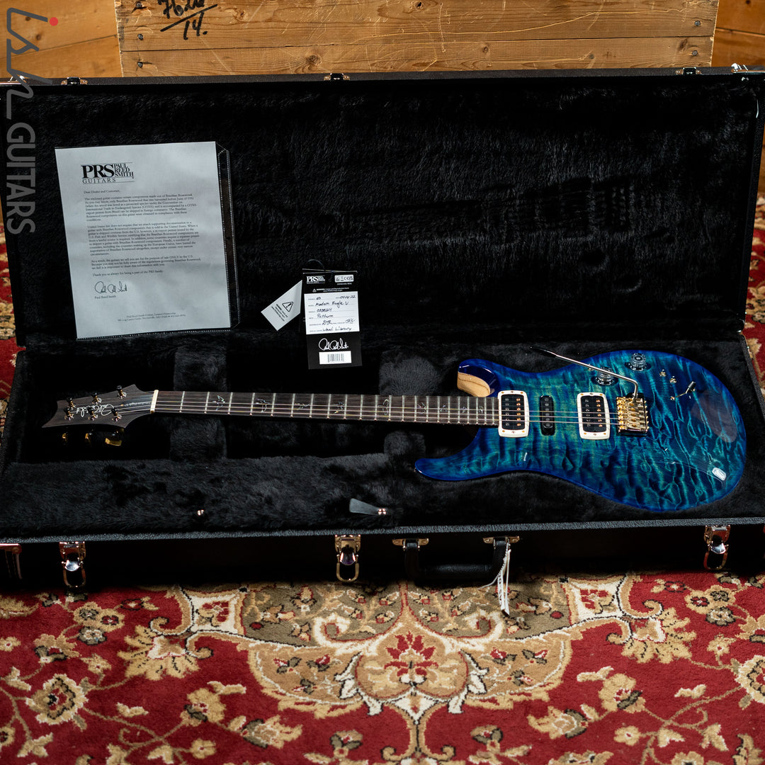 PRS Modern Eagle V Wood Library One Piece Quilt River Blue w/ Blue Burst