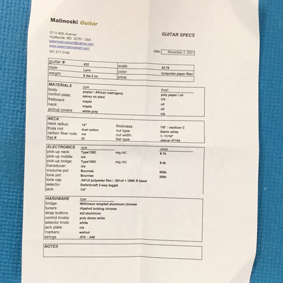2021 Malinoski Lynx Turquoise Paper Fiber